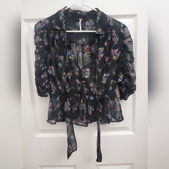 Free People Black Floral Embroidered Blouse - Picture 2 of 9